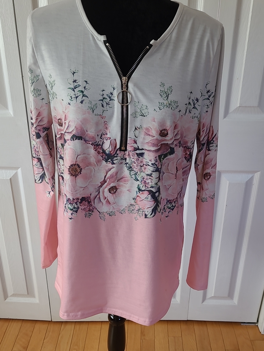 Pink and White Floral Zip-Front Long Sleeve Blouse, Polyester/spandex